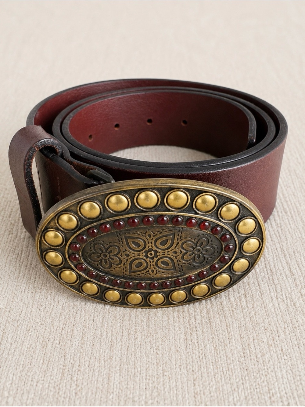 Bench Craft Brown Leather Oval Brass Buckle Belt Ruby Detail 90/36
